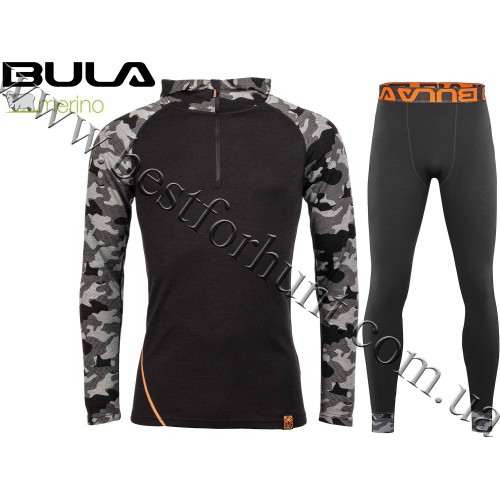 BULA Camo Merino Wool Base Layer Hoody Set Black
