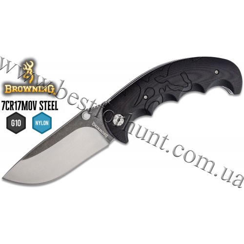 Browning® Primal 3.66” Folding Knife with Two-Tone Stonewashed Drop Point Blade and Black G10 Handles with Buckmark