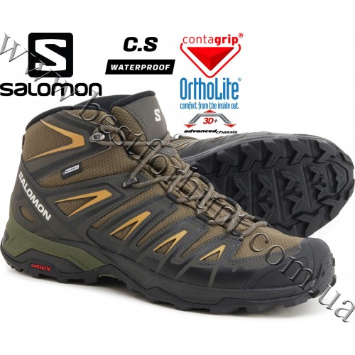 Salomon® X Ultra Pioneer Mid CS Waterproof Hiking Boots Olive Night-Beluga-Amber Gold