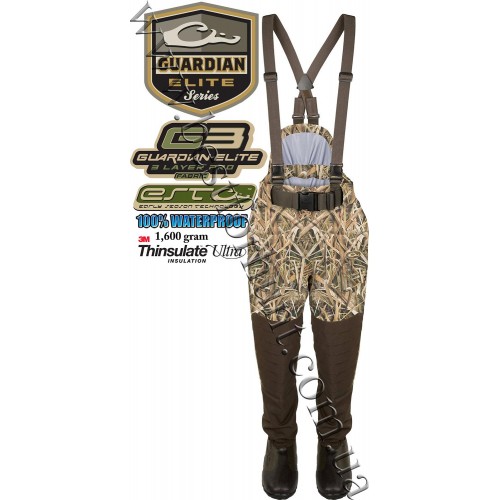 Drake® Waterfowl Guardian Elite™ Uninsulated Breathable Waist-High Waders Pants with 1600 gram Thinsulate™ Boot Lining Mossy Oak® Shadow Grass® Blades™